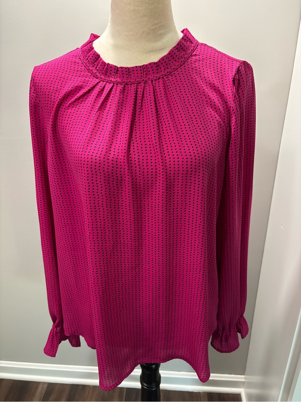 Adrianna Papell Fuchsia Dotted Ruffle-Neck Blouse
